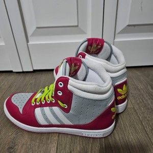 Woman's Adidas High-top Sneakers Pink, Neon Green, Gray & White Size 8
